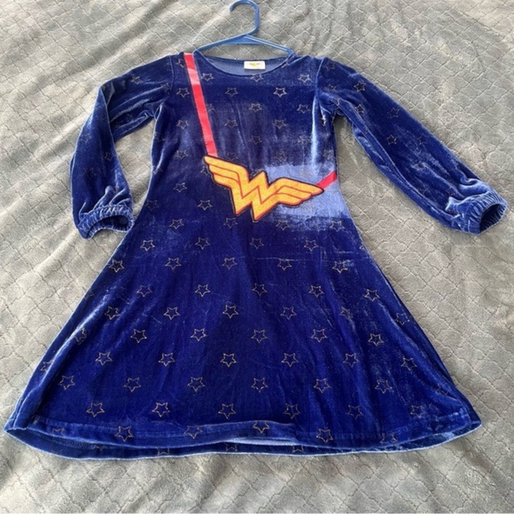 Girls Wonder Woman Velour‎ Star Dress Blue Long Sleeve Size 7